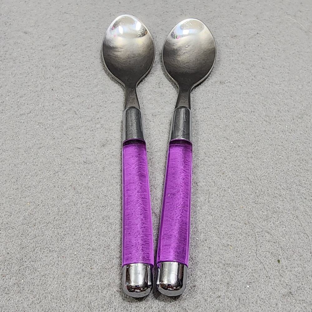 2 Dinner Spoons Purple Plastic Acrylic Handles Flatware Replacements Vintage MCM